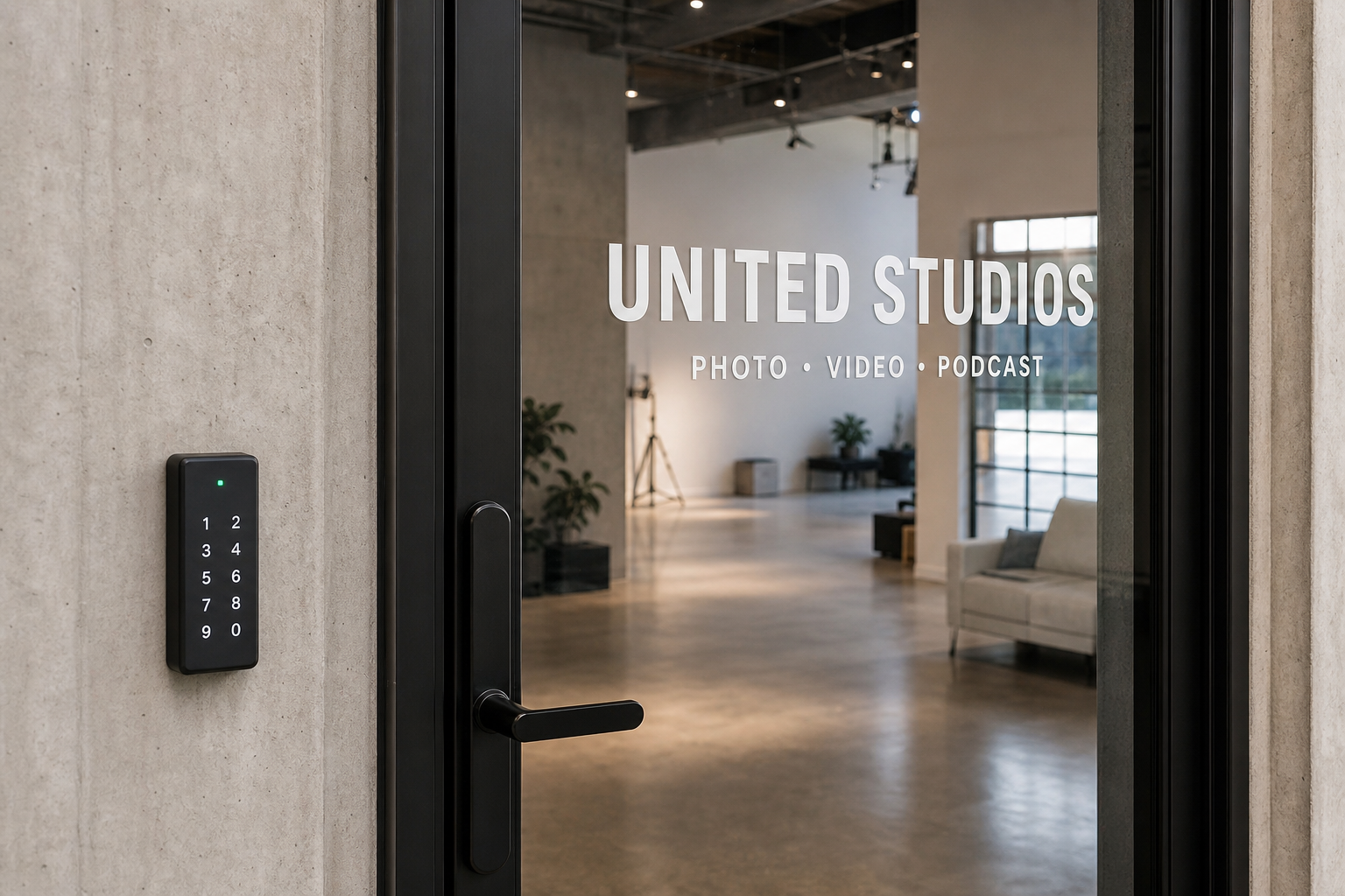 De entree van de studio met digitaal codeslot